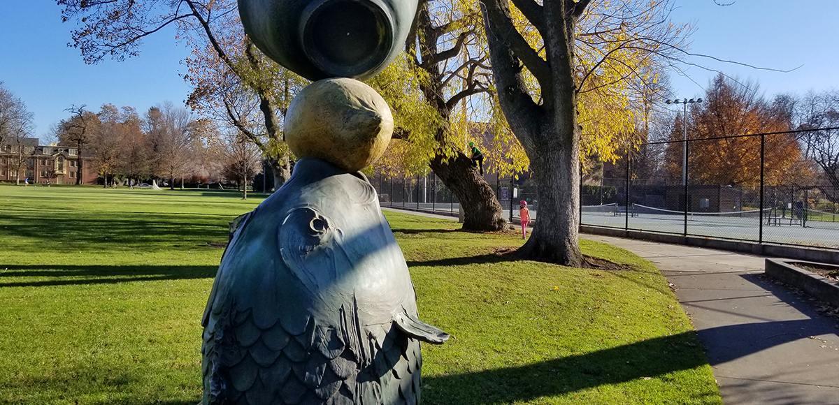 Big trees and art on the Whitman College campus